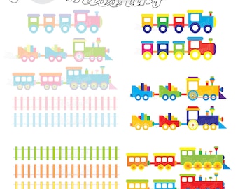 Conjunto de imagens clipart de trens, 9 trens digitais e 5 trilhos. Tema Trens Infantis. Ilustrações digitais de trens de 15 cm (6 polegadas). Downloads instantâneos.