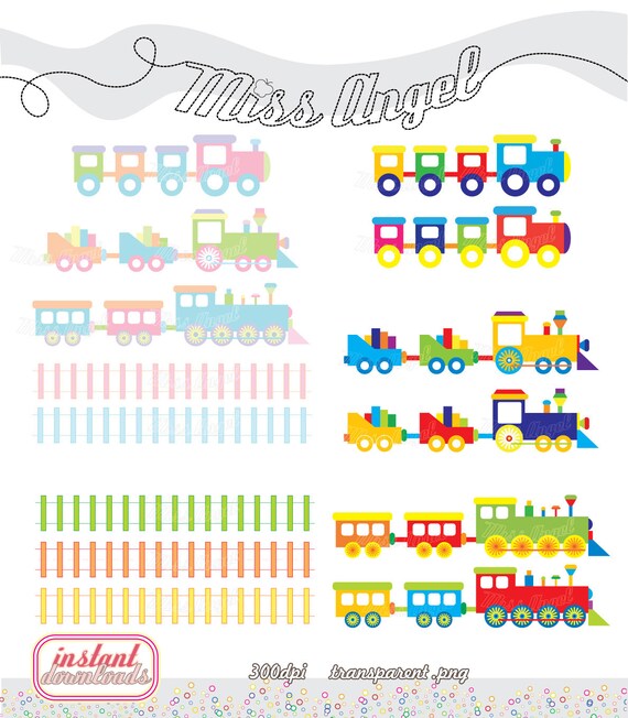 Trains CLIP ART SET , 9 Digital Trains & 5 Rails. Baby Trains Theme. 6" Train Digital Illustrations Clipart. Instant Dowloads