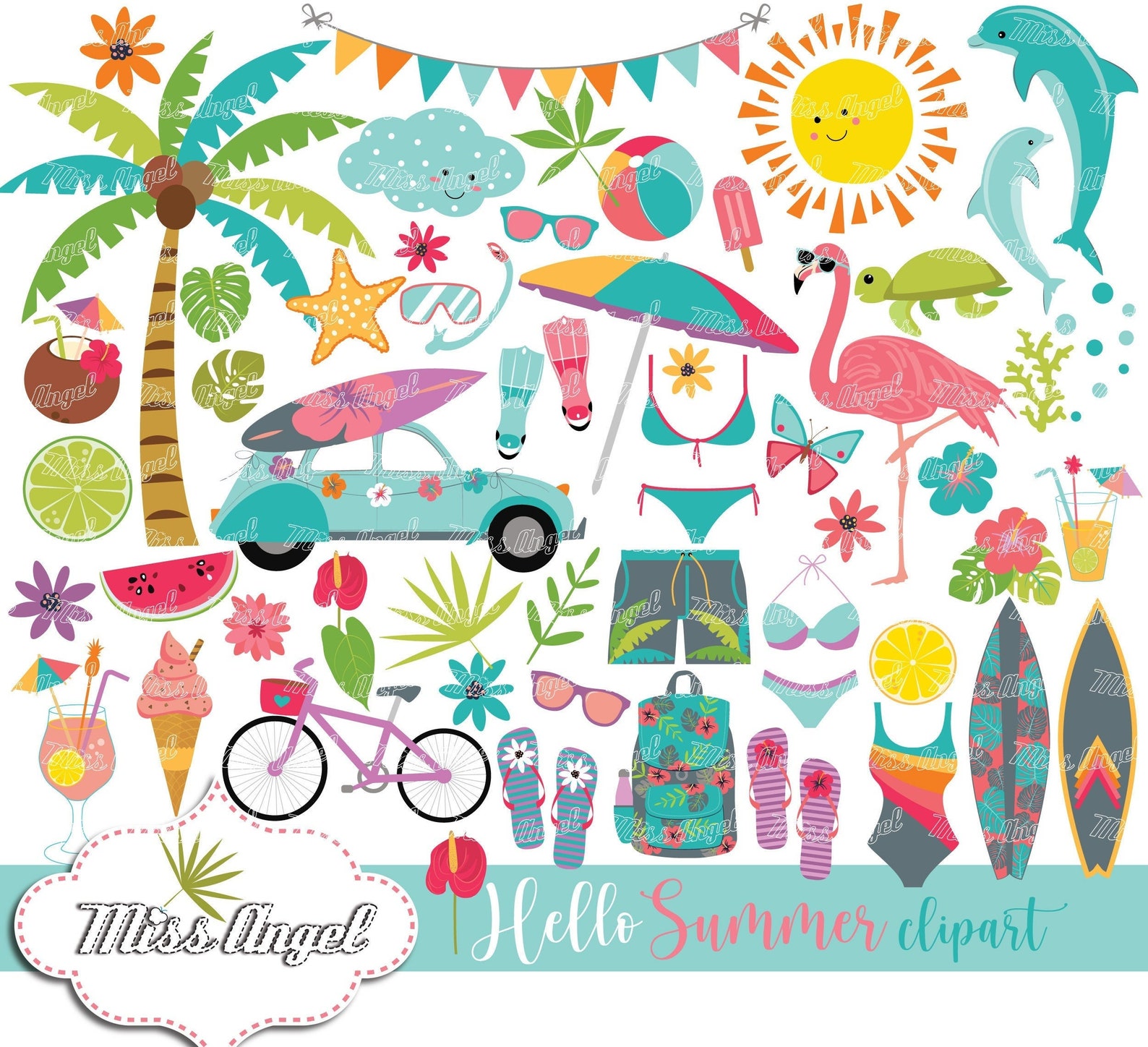 Summer Clipart Bundle. Beach Party Clipart. PNG Bundle. Small