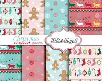 Christmas digital papers. Cute Christmas digital sheets. Christmas Backgrounds Set. 8 Christmas Paper Patterns, digital sheets. Pink Blue