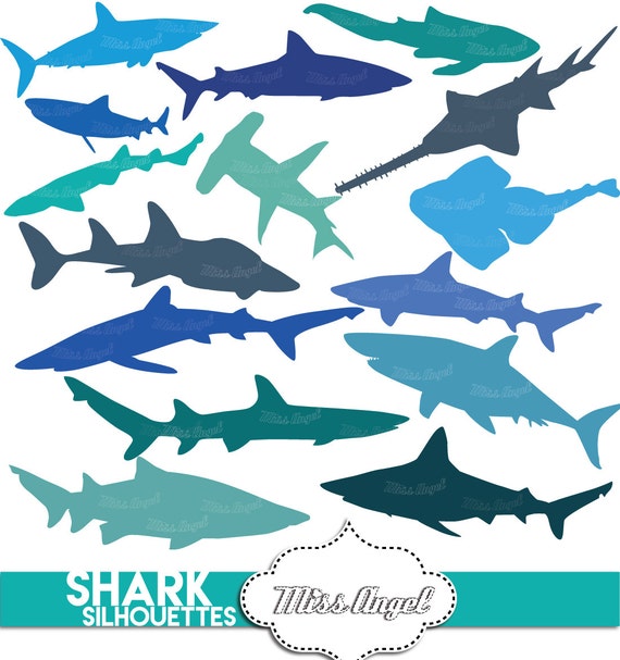 Sharks silhouettes clip art. Digital shark silhouettes, blue shades. Printable scrapbook sharks. White shark, hammerhead, reef shark