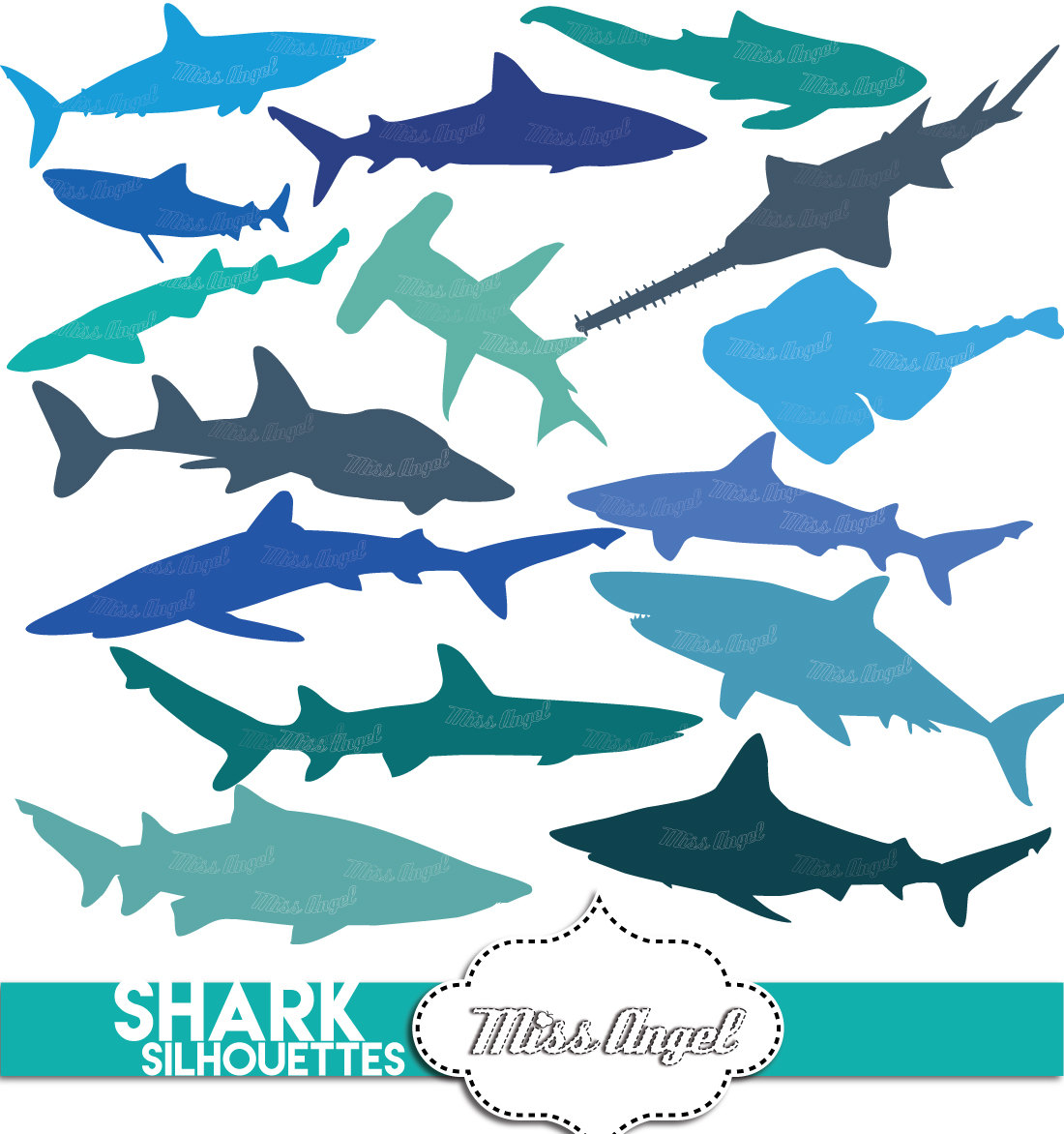 Sharks silhouettes clip art. Digital shark silhouettes blue