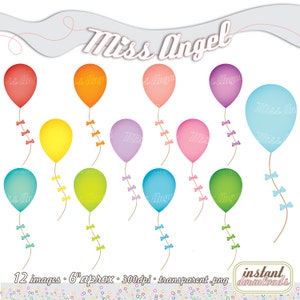 Balloons CLIP ART SET, 12 Digital Images, Colorful Balloons clipart 6&quot;, cute digital printable illustrations, kids balloons
