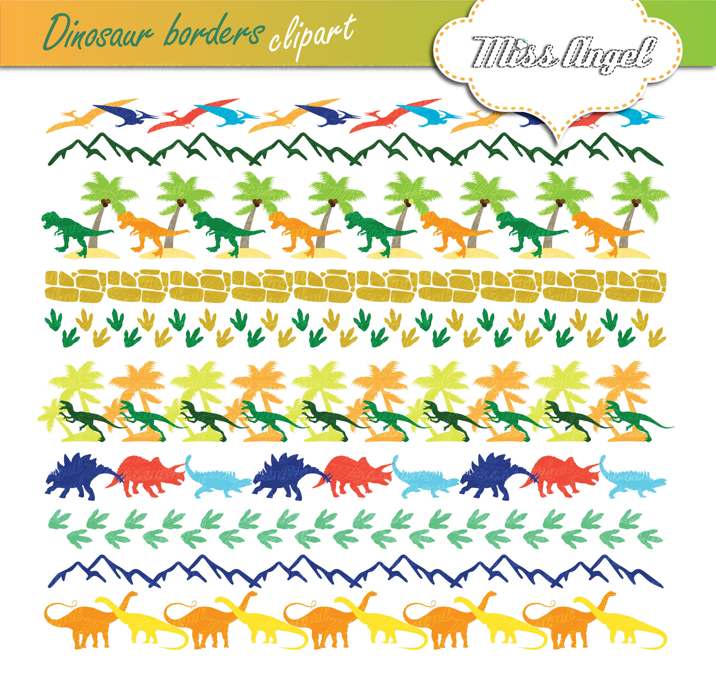 Dinosaur Digital Borders. Bright Colors Dinosaurs Clipart Borders