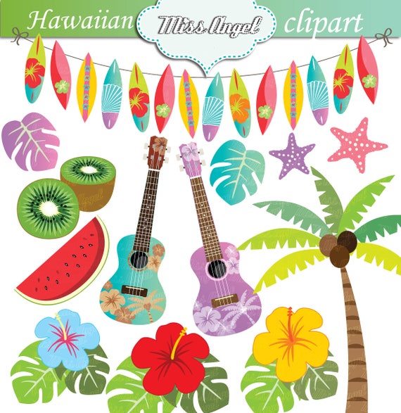 Hawaiian Summer Clipart. Hawaii Luau Beach clip art. Hibiscus  Etsy
