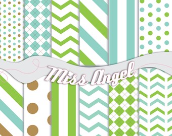 BUY 2 GET 1 FREE, buy 4 get 2 free! Blue Green Digital Paper Sheets, Argyle & Chevron, 12 Scrapbook Backgrounds. 12"X12" Printable Papers
