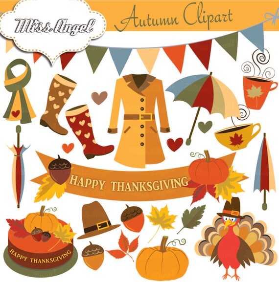 Autumn Clipart Thanksgiving Illustrations. Fall Digital Thanks giving: turkey, acorn, pumpkin, raincoat, umbrella, tea cup. Instant download
