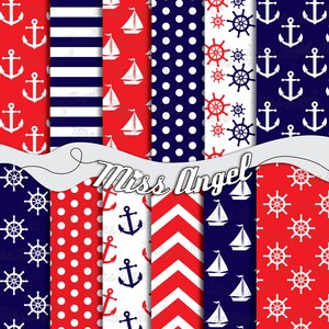 Maritime Scrapbooking digitale Blätter. 12er Pack Marine-Schnittmusterbögen. Printables marine blau und rot, Boot, Anker, Chevron, Steuerrad