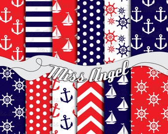 Nautical Scrapbooking Digital Sheets. Pack 12 Navy Pattern Sheets. Printables navy blue and red, boat, anchor, chevron, steering wheel