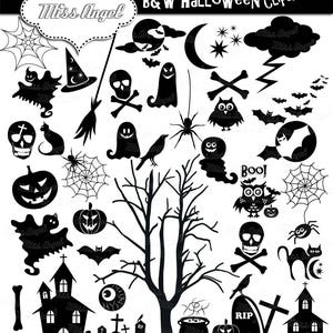 Halloween Silhouettes Clip art. 34 black Halloween clipart. 6 black white Halloween. Ghosts, spiders, pumpkins, haunted house, bats, skull image 2