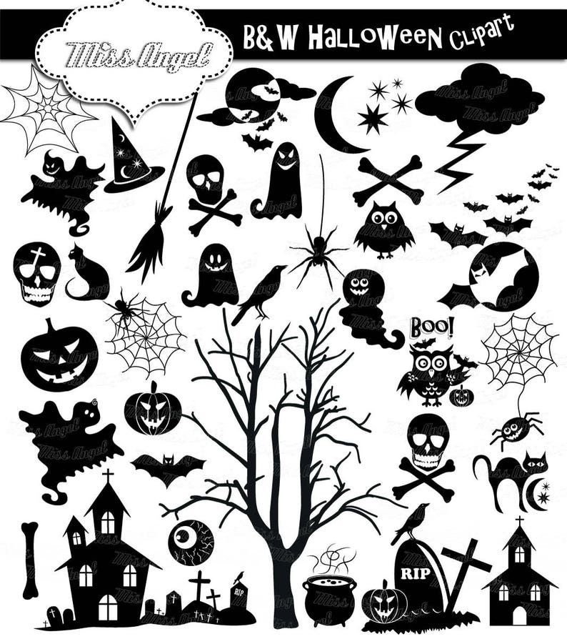 Halloween Silhouettes Clip art. 34 black Halloween clipart. 6 black white Halloween. Ghosts, spiders, pumpkins, haunted house, bats, skull image 2