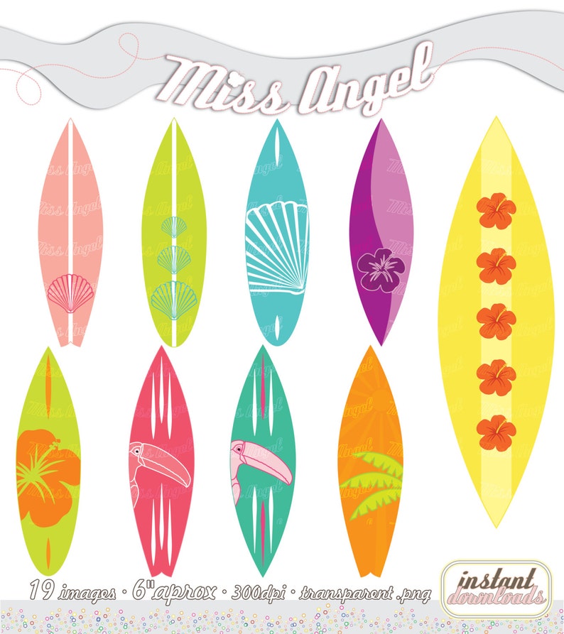 May include: Set of 19 colorful surfboard clip art images. Each surfboard has a different design, including flowers, seashells, and tropical birds. The images are approximately 6 inches in size and are 300 dpi. The images are transparent PNG files.
