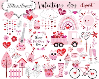 Valentijnsdag clipartbundel. Valentijn clipart set. Roze rode harten clipart. Valentijnsdag doodles clipart. Digitale png-clipart liefde