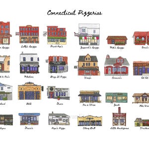 Puede incluir: Ilustración en acuarela que representa varias pizzerías de Connecticut. Cada edificio tiene un diseño único, mostrando detalles arquitectónicos y nombres de restaurantes como "Modern Apizze" y "Frank Pepe's".