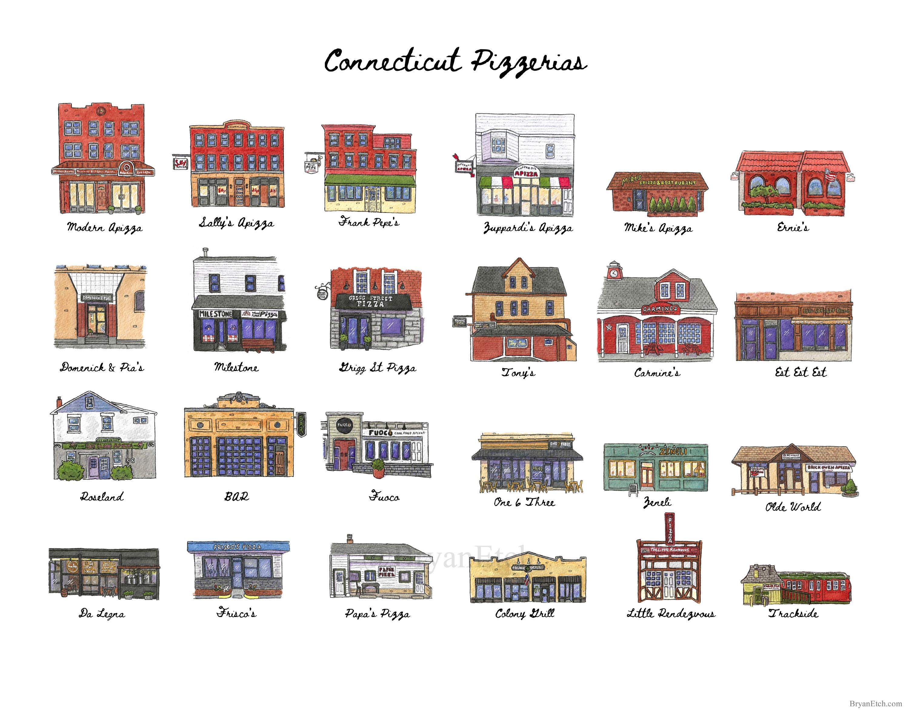 24 Connecticut Pizzeria Storefronts - 11x14”  Watercolor Art Print by Bryan Etch