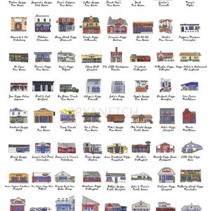 Puede incluir: Ilustración detallada de varias pizzerías de Connecticut. La obra de arte muestra la arquitectura única de cada establecimiento, con texto que identifica el nombre y la ubicación de cada pizzería. La imagen es una guía colorida e informativa de los locales de pizza.
