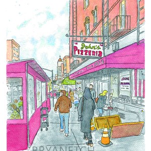 Pizzería John's of Bleecker - Impresión artística de pizza en acuarela de 28 x 35 cm de Bryan Etch