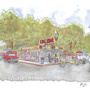 May include: A watercolour painting of a small ice cream shop called "King Kone" with a queue of people waiting to order. The shop has a yellow exterior with a blue and purple mural on the side. There is a large ice cream cone sign above the shop.
