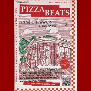May include: A red and white checkered background with a magazine cover featuring a black and white illustration of a pizzeria called "Dom & Vinny's of White Plains". The magazine is titled "Pizza Beats" and is a celebration of pizza. The magazine is issue #2 and costs $5.00.