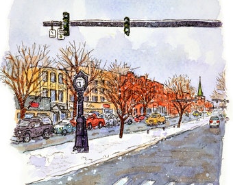 Danbury CT in the Snow Series - Main Street Clock - 11x14” Print by Bryan Etch