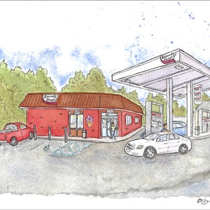 Impresión de arte en acuarela de Stewart's Shops - 8 x 10" por Bryan Etch - ¡Amada tienda de conveniencia Upstate NY / Adirondacks!