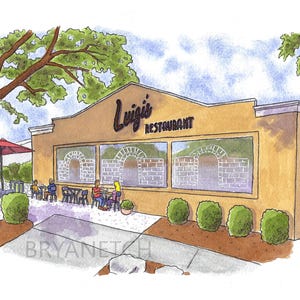 Puede incluir: Ilustración en acuarela del restaurante Luigi's con asientos al aire libre. El edificio es de color beige con grandes ventanales y el nombre "Luigi's Restaurant" en letras negras. Una sombrilla roja da sombra a una mesa. Hay gente sentada en las mesas.