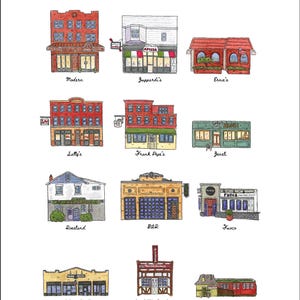 Puede incluir: Una ilustración colorida de 11 pizzerías de Connecticut, cada una con un diseño de edificio único y un nombre. Las pizzerías están dispuestas en una cuadrícula, con los nombres de cada pizzería escritos debajo.