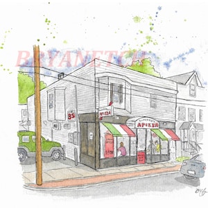 Puede incluir: Una ilustración de acuarela de un edificio de ladrillo con un toldo rojo y las palabras "Zipperolli's Apizza" en letras blancas. El edificio tiene una puerta verde y dos ventanas. Hay personas dentro del edificio y un coche verde estacionado delante.