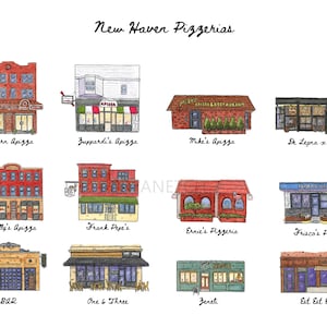 Puede incluir: Ilustración en acuarela de Pizzerías de New Haven. La imagen presenta doce restaurantes de pizza diferentes, cada uno con detalles arquitectónicos y señalización únicos. El título "New Haven Pizzerias" está escrito en la parte superior de la imagen.