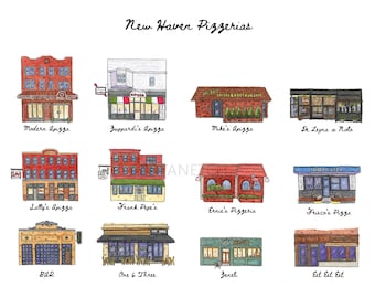 12 New Haven Pizzeria Storefronts - Watercolor Poster Art Print by Bryan "Etch" Madden