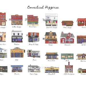 Puede incluir: Ilustración en acuarela que representa varias pizzerías de Connecticut. Cada edificio tiene un diseño único, mostrando detalles arquitectónicos y nombres de restaurantes como "Modern Apizze" y "Frank Pepe's".