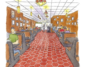 Sally's Apizza Restaurant Interior 8x10" Watercolor Art Print by Bryan Etch