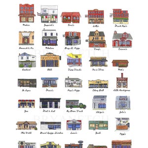 Puede incluir: Una impresión con ilustraciones en acuarela de varias pizzerías de Connecticut. La obra de arte incluye dibujos detallados de edificios con los nombres de los restaurantes, como "Modern" y "Frank Pepe's", mostrados encima de cada imagen.