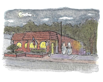 Ernie&#39;s Pizzeria Halloween - Westville New Haven CT Watercolor Art Print 8x10”
