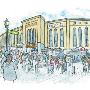 Puede incluir: Una ilustración de acuarela de una multitud de personas reunidas fuera del Yankee Stadium. El estadio es un edificio de ladrillo amarillo con ventanas arqueadas. El letrero sobre la entrada dice "Yankee Stadium". Hay un letrero sobre la entrada al estadio que dice "Rivera".