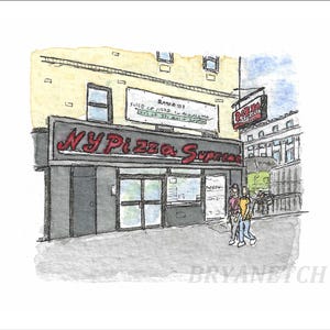 Puede incluir: Una ilustración dibujada a mano de una pizzería de Nueva York llamada "NY Pizza Supreme." La tienda tiene un toldo negro con un letrero de neón rojo. Hay dos personas caminando por la tienda. La ilustración está hecha en acuarela y tinta.