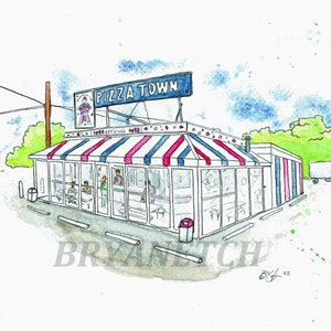May include: Watercolor painting of Pizza Town, a restaurant with a red, white, and blue striped awning. The sign reads "Pizza Town" with a cartoon figure. The restaurant has large windows, and a few people are visible inside. A truck is parked nearby.