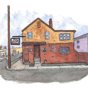 May include: A watercolor illustration of a brick building with a sign that reads "The Tavern Pizza". The building has a yellow facade with brown trim and a red brick base. There are windows on the front of the building and a door with a small awning.