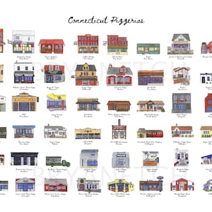 Puede incluir: Una impresión titulada "Connecticut Pizzerias" con ilustraciones en acuarela de varias pizzerías. Cada edificio se representa con detalles arquitectónicos y señalización únicos, mostrando una variedad de estilos y colores.