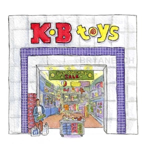 Puede incluir: Ilustración en acuarela de una tienda K·B toys. El letrero de la tienda presenta letras rojas y amarillas. La entrada muestra un letrero de "Fun Sports Sale". Una persona está de pie afuera con bolsas de compras.