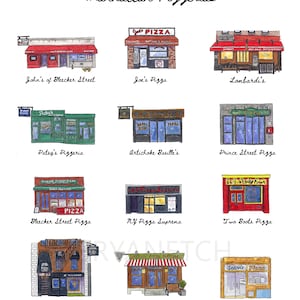 May include: Watercolor illustration of Manhattan pizzerias, including John's of Bleecker Street, Joe's Pizza, and Lombardi's. The artwork features detailed depictions of each pizzeria's facade, with awnings, signage, and architectural details. The title "Manhattan Pizzerias" is at the top.