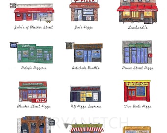 12 Manhattan Pizzeria Storefronts - Watercolor Art Print by Bryan Etch