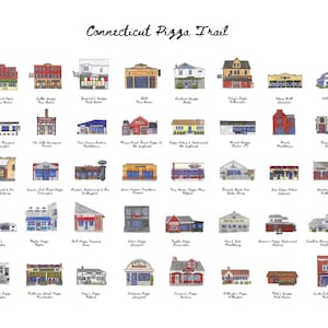 Puede incluir: Una impresión titulada "Connecticut Pizza Trail" con ilustraciones en acuarela de varias pizzerías. La obra de arte presenta una colección de coloridas fachadas de edificios, cada una etiquetada con el nombre del restaurante, sobre un fondo blanco.