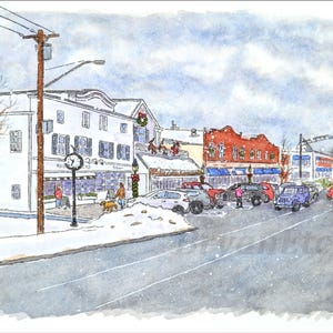 May include: A watercolor painting of a snowy street scene in a small town. The street is lined with buildings, some of which are decorated for the holidays. There are cars parked on the street, and people walking on the sidewalk. The sky is cloudy and there is snow falling.