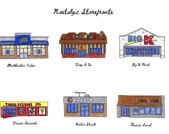 Escaparates nostálgicos en acuarela - Impresión artística de 20 x 25 cm - Blockbuster Video, Toys R' Us, Big K Mart, Tower Records, Radio Shack, Funco Land