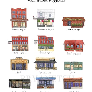 Puede incluir: Una ilustración en acuarela titulada "New Haven Pizzerias" con nueve pizzerías diferentes. Cada edificio se representa con detalles arquitectónicos únicos y los nombres de las pizzerías están escritos debajo.