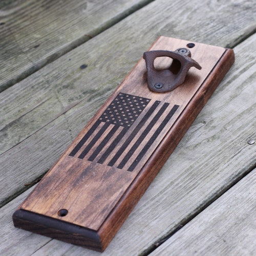 American Flag - Engraved Handmade Magnetic Bottle Opener - Wall Mounted Beer Opener, Gift For Him, Man Cave, Father's Day, USA, America