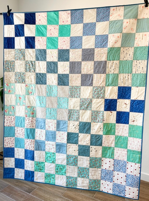 Low Volume Blue & White Patchwork Throw Quilt