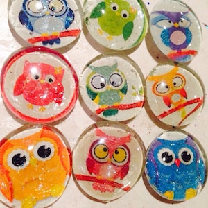 Cute owl glass magnets. Set of 7 colorful owl fridge magnets, approximately 1 round, refrigerator magnets image 1