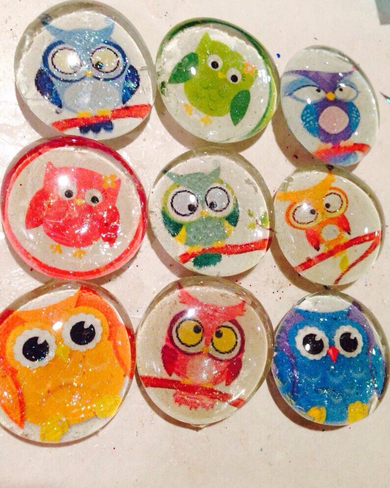 Cute owl glass magnets. Set of 7 colorful owl fridge magnets, approximately 1 round, refrigerator magnets image 1